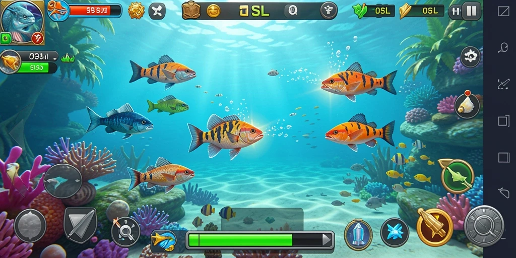 Tampilan gameplay seru dalam 9SL saat menangkap ikan.
