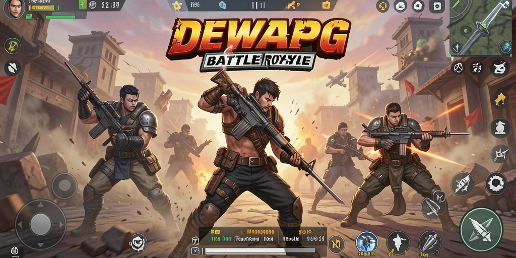 Screenshot gameplay DEWAPG menampilkan pertarungan Battle Royale yang intens.