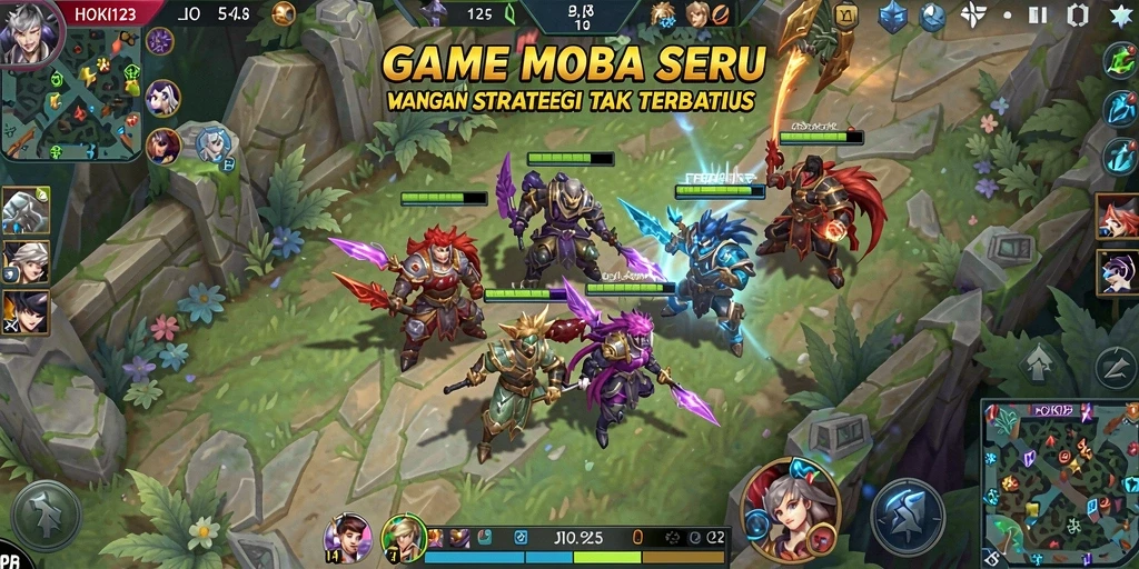 Screenshot HOKI123 menampilkan pertarungan MOBA yang mendebarkan.