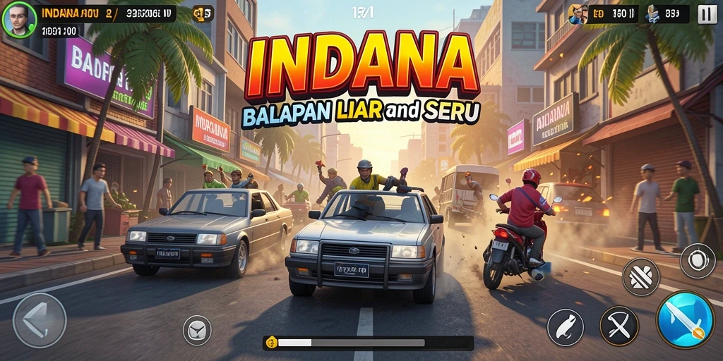 Screenshot gameplay seru dari INDAAA yang menampilkan mobil cepat di lintasan.