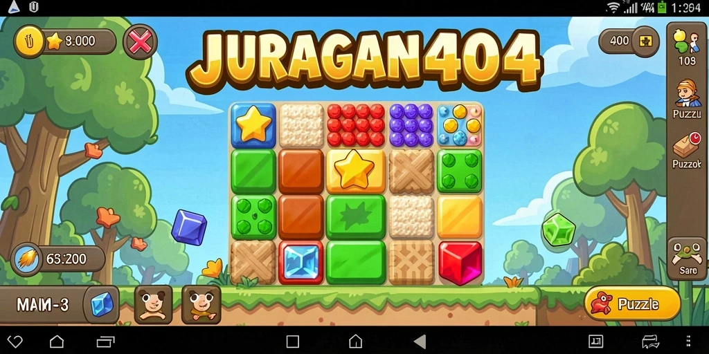 Tangkapan layar JURAGAN404 menunjukkan gameplay Match-3 penuh warna yang menarik.