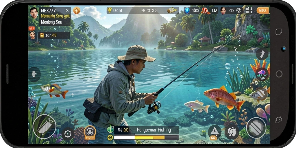 Tampilan gameplay NEX777 yang menampilkan aktivitas memancing yang seru.