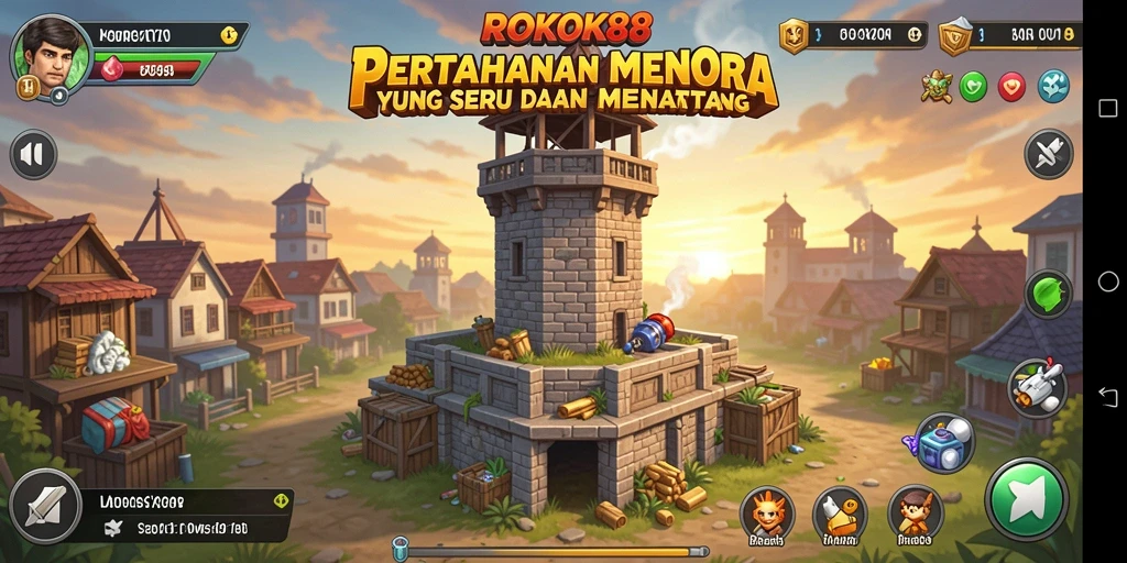 Screenshot gameplay ROKOK88 yang menampilkan pertahanan menara yang strategis.