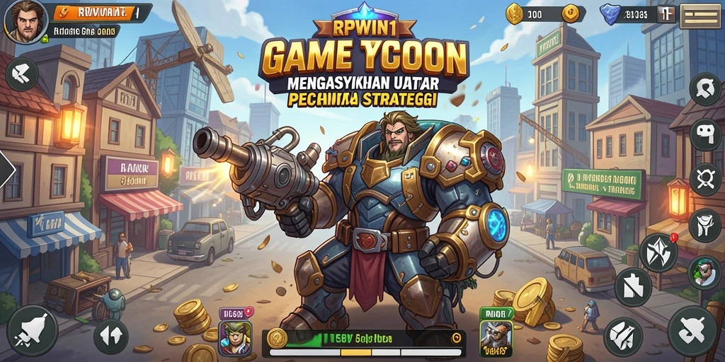 Screenshot utama RPWIN1 menampilkan aksi mengelola bisnis Tycoon yang dinamis.
