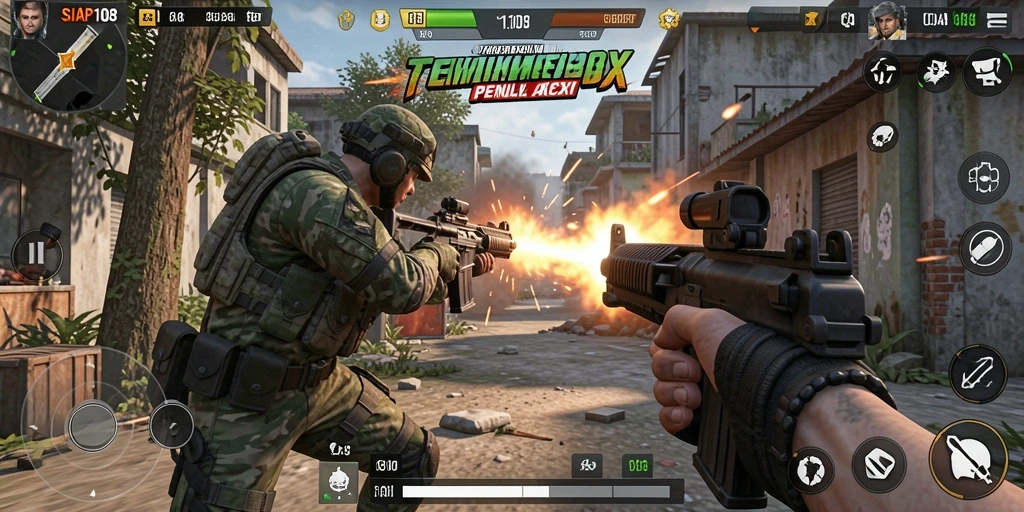 Screenshot dari gameplay SIAP108 menampilkan aksi tembak-menembak yang intens.