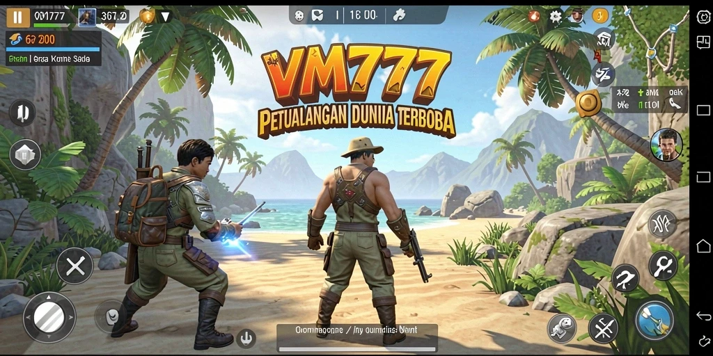 Screenshot gameplay VM777 yang menunjukkan eksplorasi dunia terbuka yang luas.